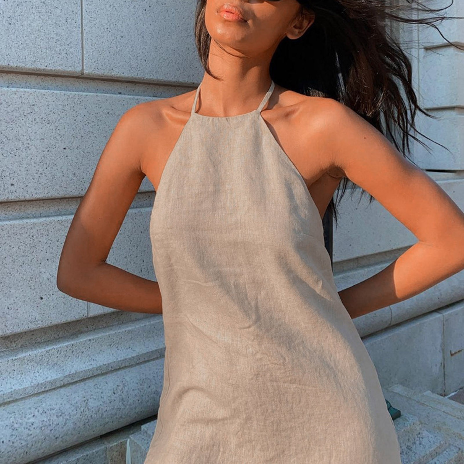 thumbnail image 3 of Vestido de mujer con espalda abierta y cordones: corte A, sin mangas, cuello redondo - 95 % rayón, 5 % elastano - Sexy/casual - Playa/fiesta, 3 of 8